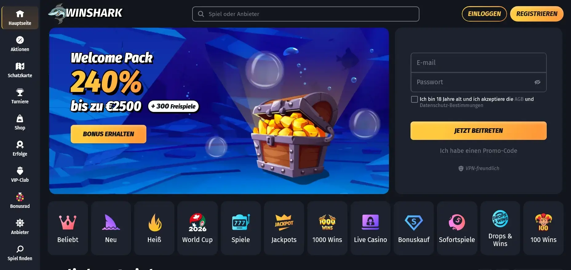 WinShark legales Online Casino Österreich Registrierung